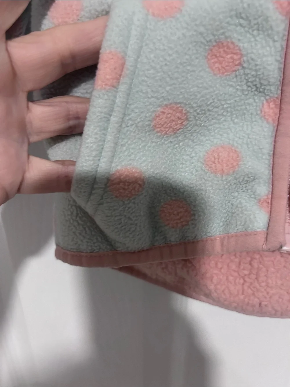 Girls' Polka Dot Hooded Fleece Jacket in Light Blue and Pink. Size 2T